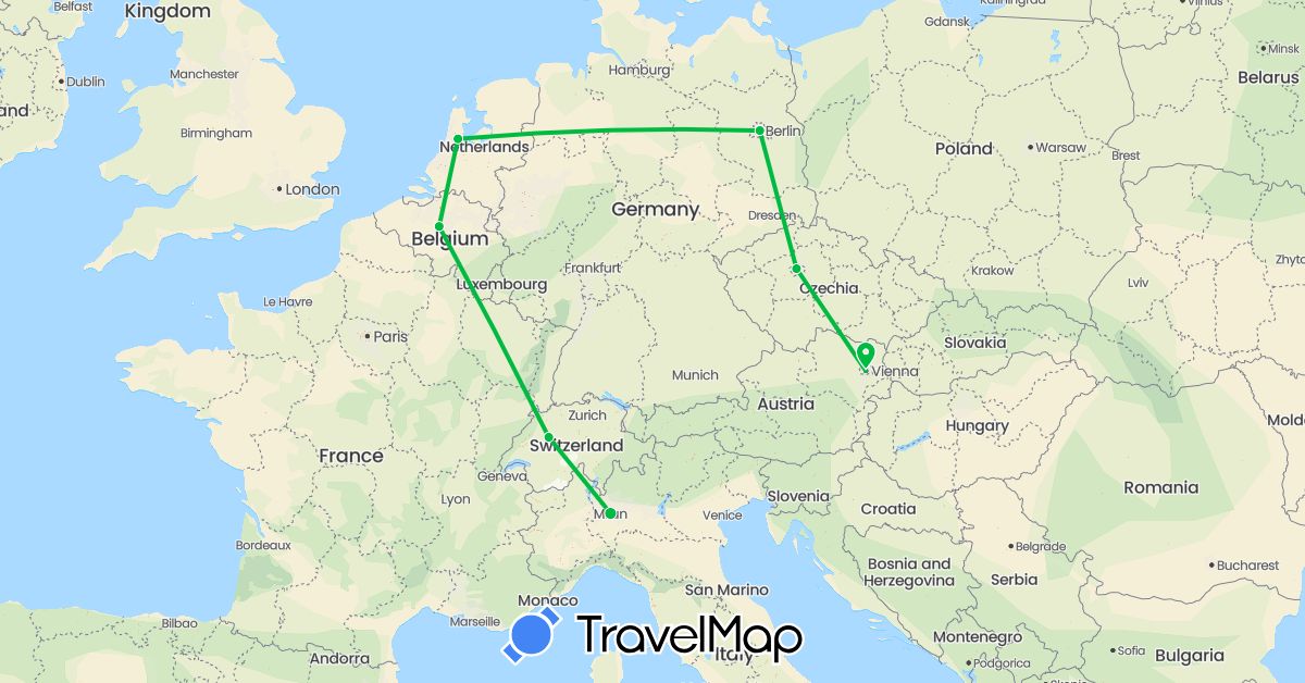 TravelMap itinerary: bus in Austria, Belgium, Switzerland, Czech Republic, Germany, Italy, Netherlands (Europe)